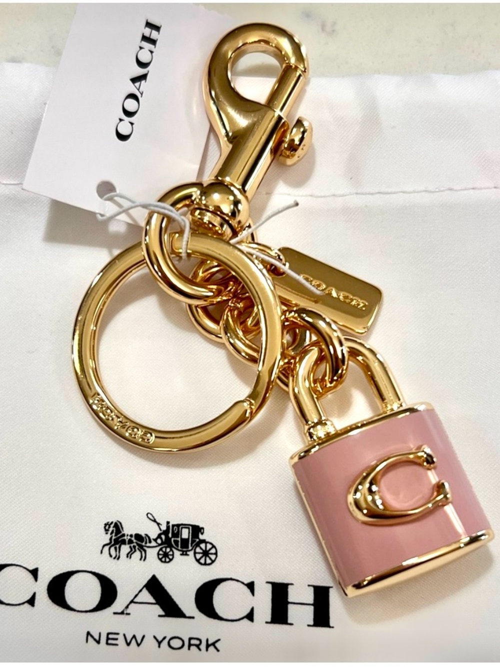 Coach Pink Padlock Charm Key Holder with Gold Hardware